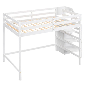 English Elm Full Full Size Loft Bed with Built-In Wardrobe, Staircase Storage and Space-Saving Design for Small Rooms White SM000527AAK-1