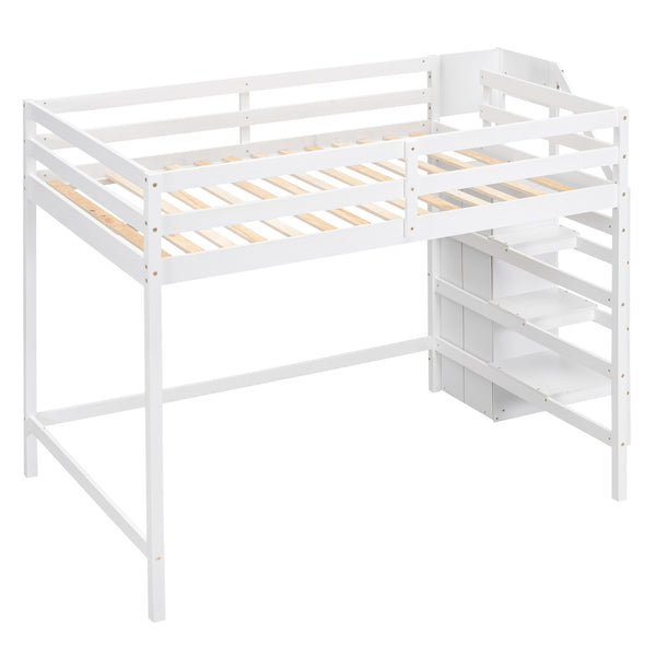 English Elm Full Full Size Loft Bed with Built-In Wardrobe, Staircase Storage and Space-Saving Design for Small Rooms White SM000527AAK-1