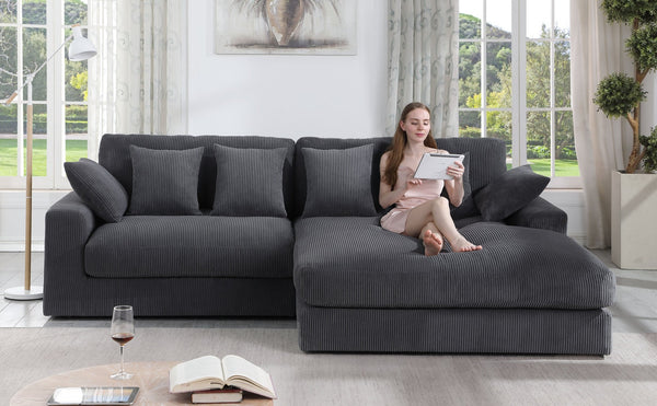 English Elm Mystic Corduroy Sectional Sofa with Reversible Chaise and Six Throw Pillows Included B061S00763