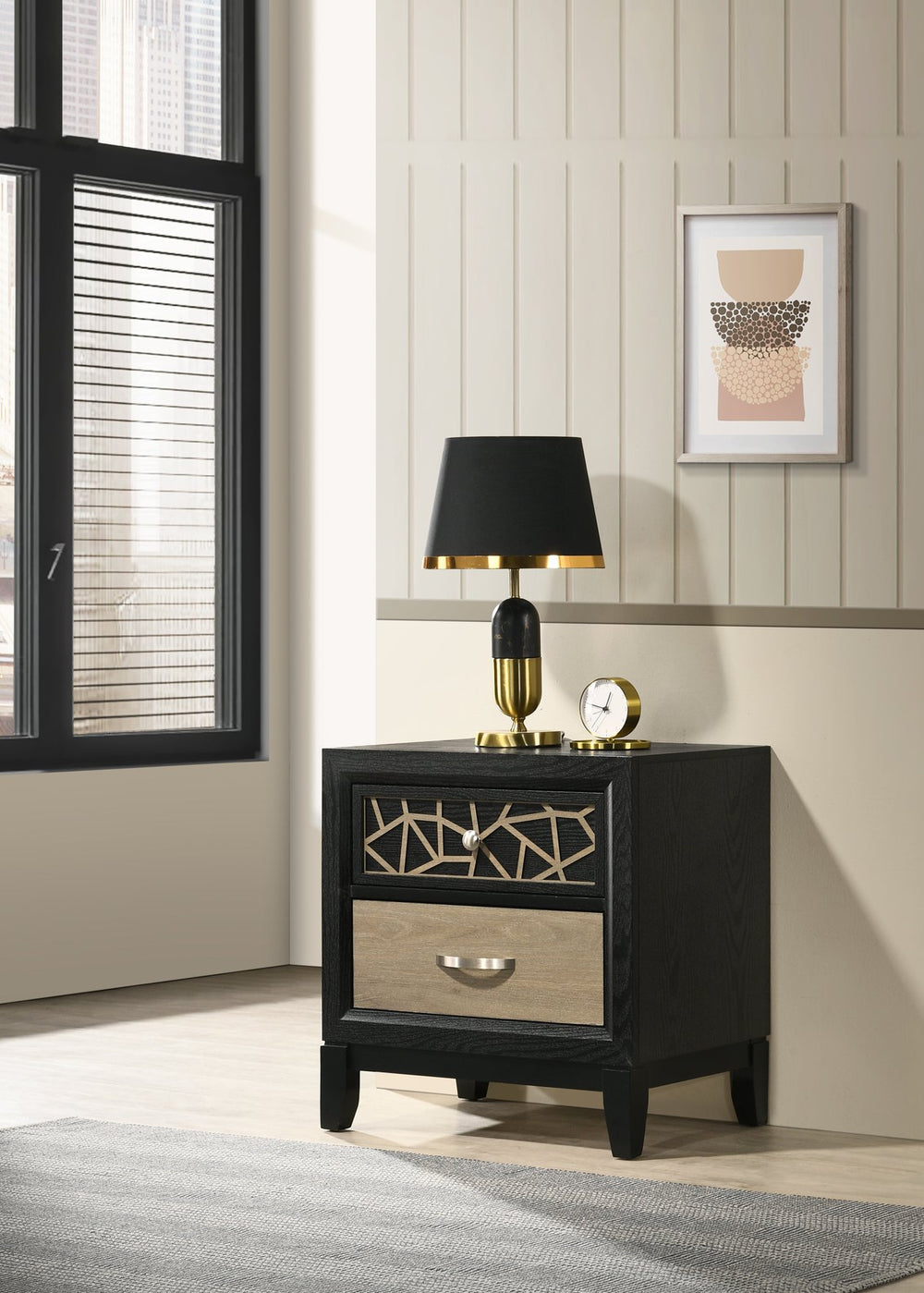 English Elm Selena Two-Drawer Nightstand in Black & Natural Wood Finish with Metal Glides and Custom Patterned Front for Modern Bedrooms B009139127