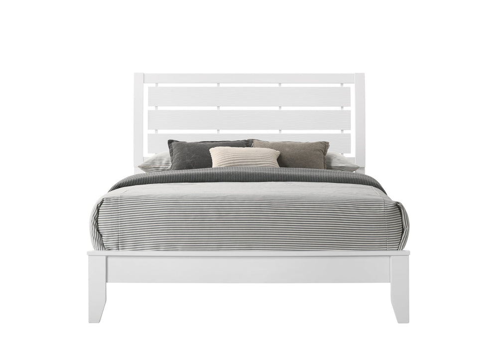 English Elm 1pc Queen Size White Panel Bed with Geometric Accents, Curved Slat Headboard & Sleek Low Footboard B011S00624