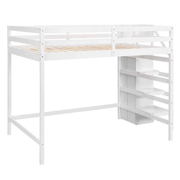 English Elm Full Full Size Loft Bed with Built-In Wardrobe, Staircase Storage and Space-Saving Design for Small Rooms White SM000527AAK-1