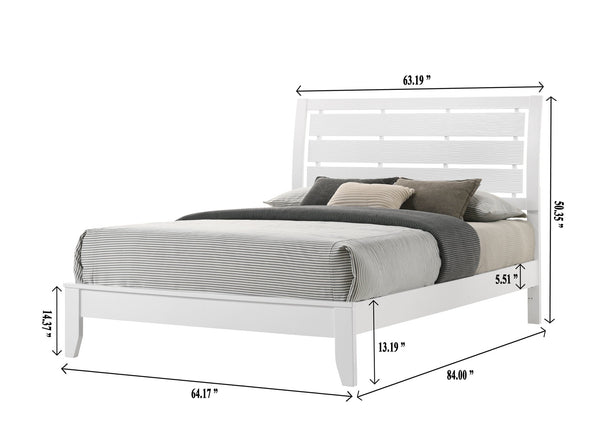 English Elm 1pc Queen Size White Panel Bed with Geometric Accents, Curved Slat Headboard & Sleek Low Footboard B011S00624