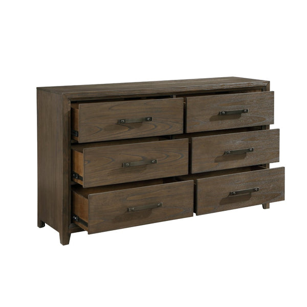 English Elm Dark Walnut Six Drawer Dresser Mindy Veneer Wire Brushed Finish Master Bedroom Storage B011140394