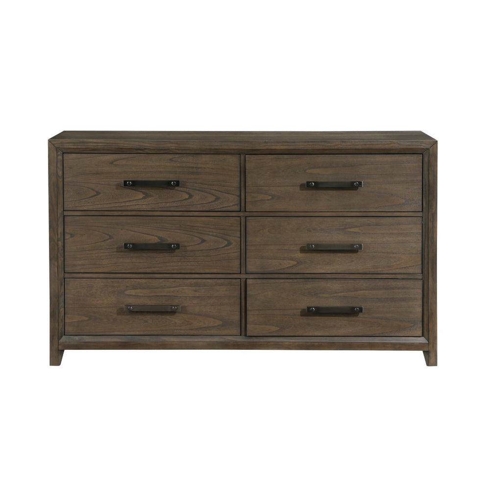English Elm Dark Walnut Six Drawer Dresser Mindy Veneer Wire Brushed Finish Master Bedroom Storage B011140394
