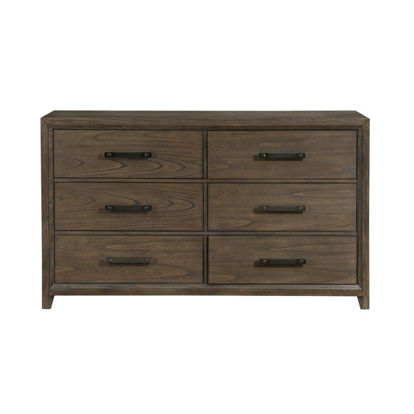 English Elm Dark Walnut Six Drawer Dresser Mindy Veneer Wire Brushed Finish Master Bedroom Storage B011140394