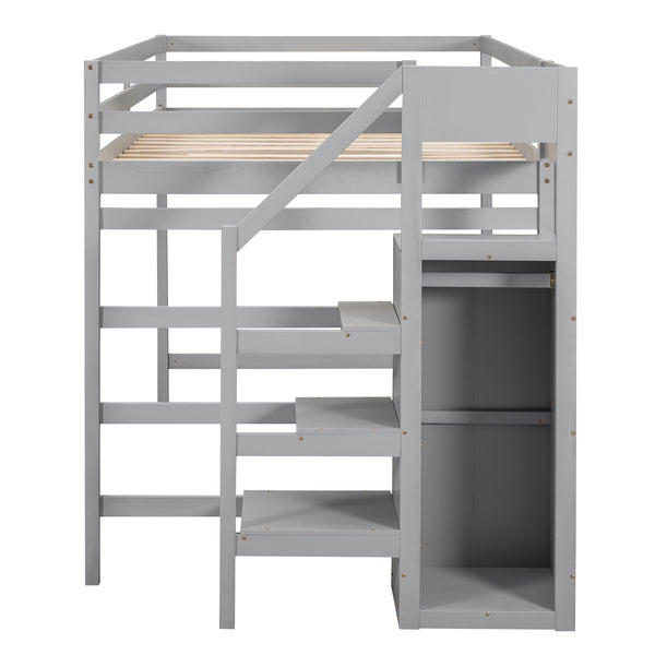 English Elm Full Full Size Loft Bed with Built-In Wardrobe, Staircase Storage and Space-Saving Design for Small Rooms Gray SM000527AAE-1