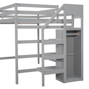 English Elm Full Full Size Loft Bed with Built-In Wardrobe, Staircase Storage and Space-Saving Design for Small Rooms Gray SM000527AAE-1