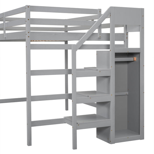 English Elm Full Full Size Loft Bed with Built-In Wardrobe, Staircase Storage and Space-Saving Design for Small Rooms Gray SM000527AAE-1