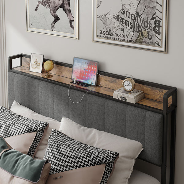 English Elm Full Size Bed Frame with Charging Station, Dark Gray Upholstered Headboard, Metal Platform, USB Ports, 10.4" Storage Clearance, Heavy-Duty Slats W1960131344