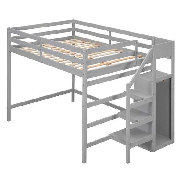 English Elm Full Full Size Loft Bed with Built-In Wardrobe, Staircase Storage and Space-Saving Design for Small Rooms Gray SM000527AAE-1
