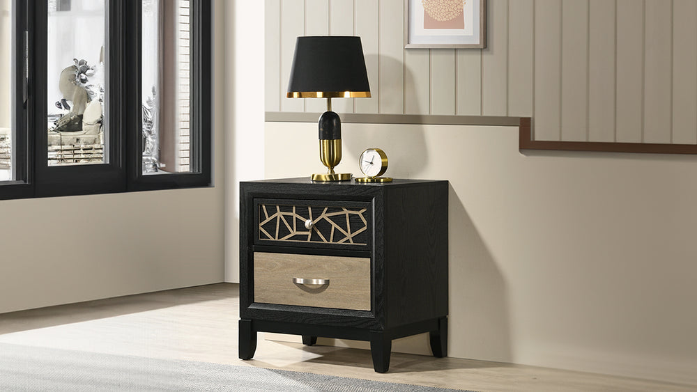 English Elm Selena Two-Drawer Nightstand in Black & Natural Wood Finish with Metal Glides and Custom Patterned Front for Modern Bedrooms B009139127