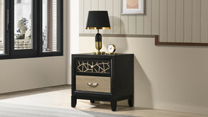 English Elm Selena Two-Drawer Nightstand in Black & Natural Wood Finish with Metal Glides and Custom Patterned Front for Modern Bedrooms B009139127
