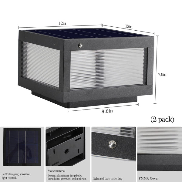English Elm 12" Black Solar Powered Led Post Cap Light - Modern Outdoor Accent For Decks, Patios & Pathways (2-Pack) W1340133327