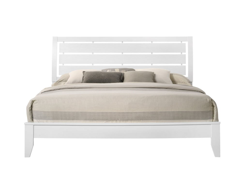English Elm 1pc King Size White Panel Bed with Geometric Accents, Soft Curved Headboard & Low Profile Footboard B011S00630