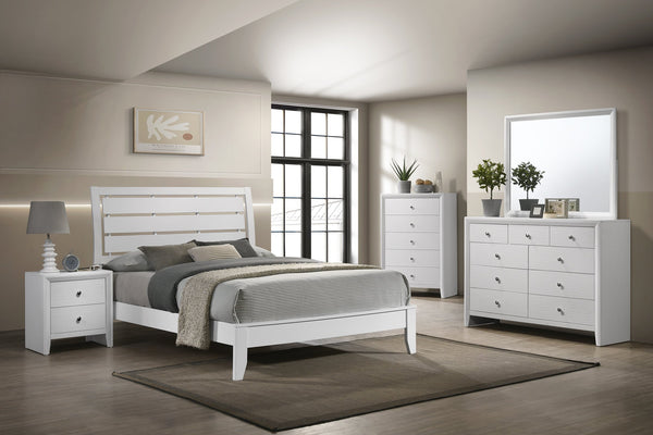 English Elm 1pc Queen Size White Panel Bed with Geometric Accents, Curved Slat Headboard & Sleek Low Footboard B011S00624