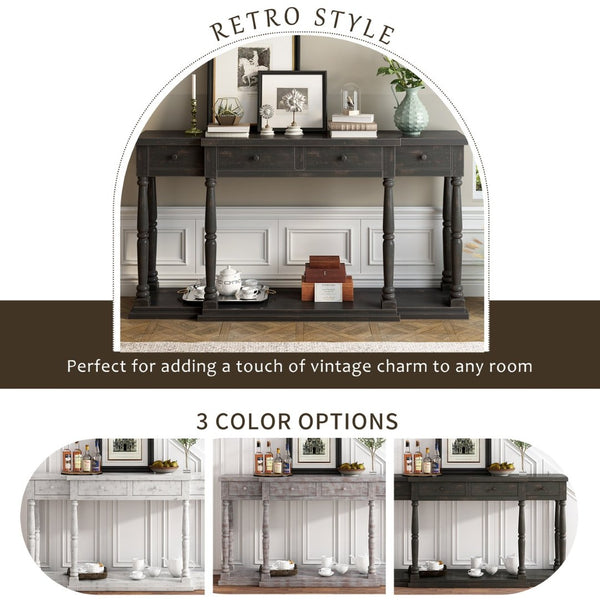 English Elm U_style Retro Console Table Pine Legs Four Drawers Open Shelf Hallway Entryway WF312987AAB