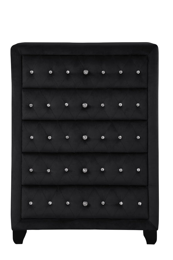 English Elm Sophia Velvet Tufted 5-Drawer Chest Black — Hollywood Regency Glam, Durable Upholstered Storage Piece 808857795083
