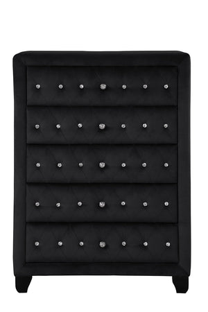 English Elm Sophia Velvet Tufted 5-Drawer Chest Black — Hollywood Regency Glam, Upholstered Wood Frame, Durable Storage G150108572