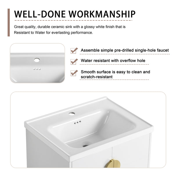 English Elm 24 Inch Wall-Mounted Bathroom Vanity with Ceramic Sink, Soft-Close Two-Door Storage, Modern Scratch-Resistant Finish W999132141