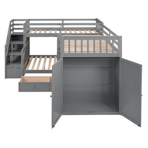 English Elm Twin-twin Over Full L-shaped Bunk Bed with Wardrobe Desk and Stair Storage Espresso Gray LT100542AAE