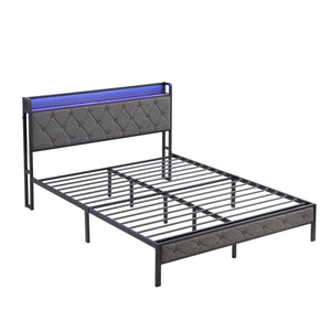 English Elm Queen Upholstered Platform Bed with LED RGB Headboard, USB Type-C Charging Shelf, Noise-Free Design W1916124804