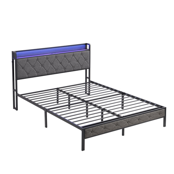 English Elm Queen Upholstered Platform Bed with LED RGB Headboard, USB Type-C Charging Shelf, Noise-Free Design W1916124804