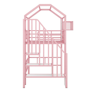 English Elm Metal Loft Bed with Roof Design and Storage Box for Twin Rooms, Space-Saving Study Nook and Ladder Pink GX000633AAH