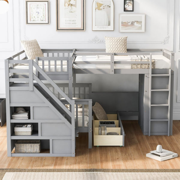 English Elm Twin-twin Over Full L-shaped Bunk Bed with Wardrobe Desk and Stair Storage Espresso Gray LT100542AAE