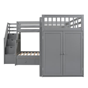 English Elm Twin-twin Over Full L-shaped Bunk Bed with Wardrobe Desk and Stair Storage Espresso Gray LT100542AAE