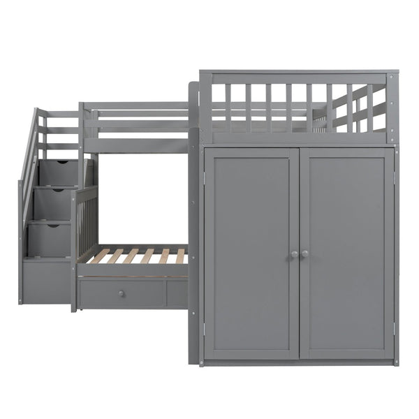 English Elm Twin-twin Over Full L-shaped Bunk Bed with Wardrobe Desk and Stair Storage Espresso Gray LT100542AAE