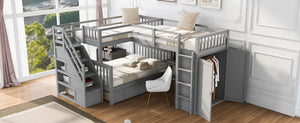 English Elm Twin-twin Over Full L-shaped Bunk Bed with Wardrobe Desk and Stair Storage Espresso Gray LT100542AAE-1