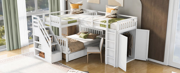 English Elm Twin-twin Over Full L-shaped Bunk Bed with Wardrobe Desk and Stair Storage Espresso White LT100542AAK