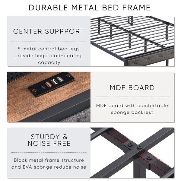 English Elm Queen Upholstered Platform Bed with LED RGB Headboard, USB Type-C Charging Shelf, Noise-Free Design W1916124804
