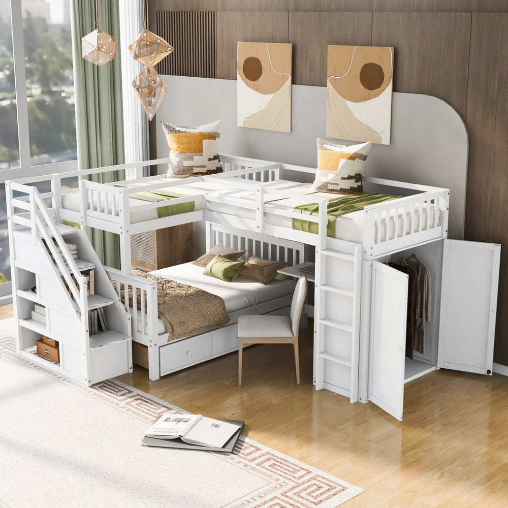 English Elm Twin-twin Over Full L-shaped Bunk Bed with Wardrobe Desk and Stair Storage Espresso White LT100542AAK-1