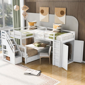 English Elm Twin-twin Over Full L-shaped Bunk Bed with Wardrobe Desk and Stair Storage Espresso White LT100542AAK-1