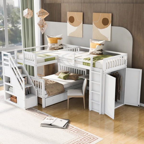English Elm Twin-twin Over Full L-shaped Bunk Bed with Wardrobe Desk and Stair Storage Espresso White LT100542AAK-1