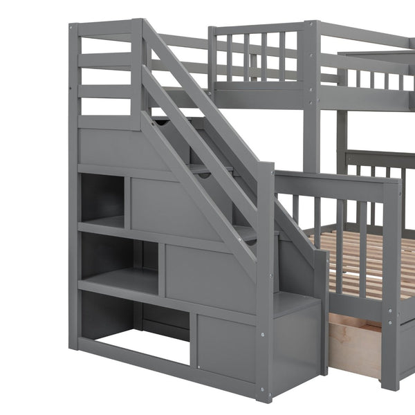 English Elm Twin-twin Over Full L-shaped Bunk Bed with Wardrobe Desk and Stair Storage Espresso Gray LT100542AAE