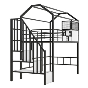 English Elm Metal Loft Bed with Roof Design and Storage Box for Twin Rooms, Space-Saving Study Nook and Ladder Black GX000633AAB
