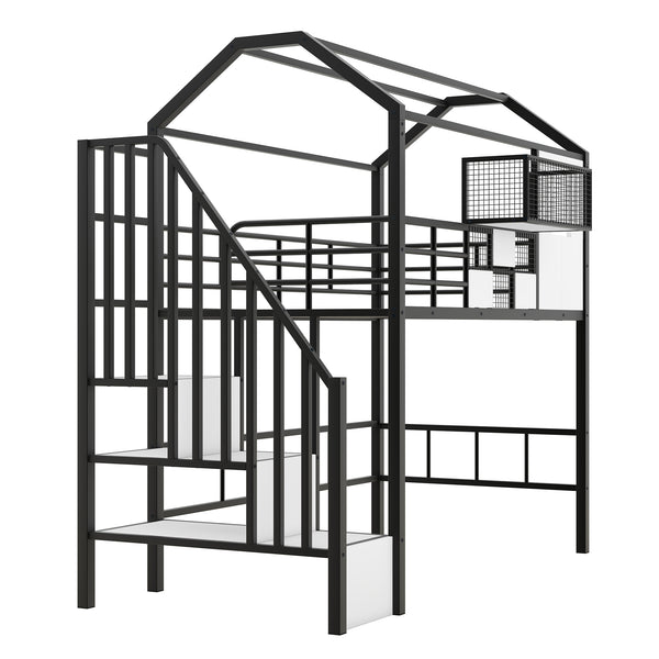 English Elm Metal Loft Bed with Roof Design and Storage Box for Twin Rooms, Space-Saving Study Nook and Ladder Black GX000633AAB