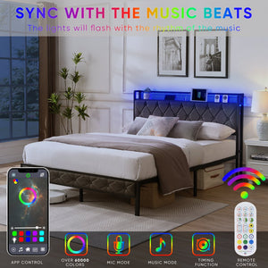 English Elm Queen Upholstered Platform Bed with LED RGB Headboard, USB Type-C Charging Shelf, Noise-Free Design W1916124804