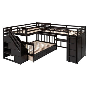 English Elm Twin-twin Over Full L-shaped Bunk Bed with Wardrobe Desk and Stair Storage Espresso LT100542AAP-1