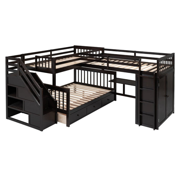 English Elm Twin-twin Over Full L-shaped Bunk Bed with Wardrobe Desk and Stair Storage Espresso LT100542AAP-1