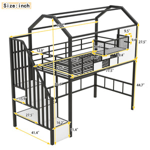 English Elm Metal Loft Bed with Roof Design and Storage Box for Twin Rooms, Space-Saving Study Nook and Ladder Black GX000633AAB