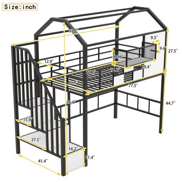 English Elm Metal Loft Bed with Roof Design and Storage Box for Twin Rooms, Space-Saving Study Nook and Ladder Black GX000633AAB