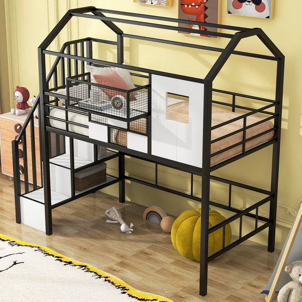 English Elm Metal Loft Bed with Roof Design and Storage Box for Twin Rooms, Space-Saving Study Nook and Ladder Black GX000633AAB