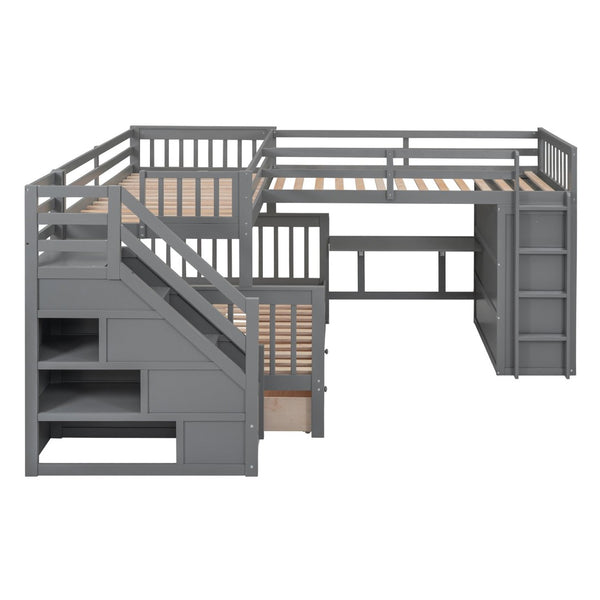 English Elm Twin-twin Over Full L-shaped Bunk Bed with Wardrobe Desk and Stair Storage Espresso Gray LT100542AAE-1