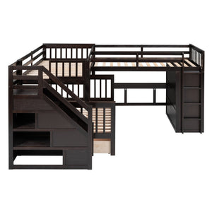 English Elm Twin-twin Over Full L-shaped Bunk Bed with Wardrobe Desk and Stair Storage Espresso LT100542AAP-1