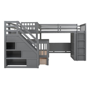 English Elm Twin-twin Over Full L-shaped Bunk Bed with Wardrobe Desk and Stair Storage Espresso Gray LT100542AAE