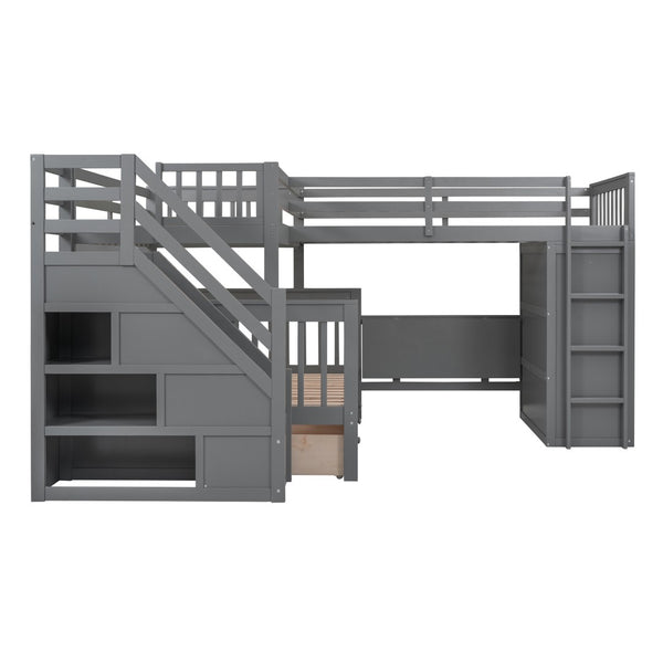 English Elm Twin-twin Over Full L-shaped Bunk Bed with Wardrobe Desk and Stair Storage Espresso Gray LT100542AAE